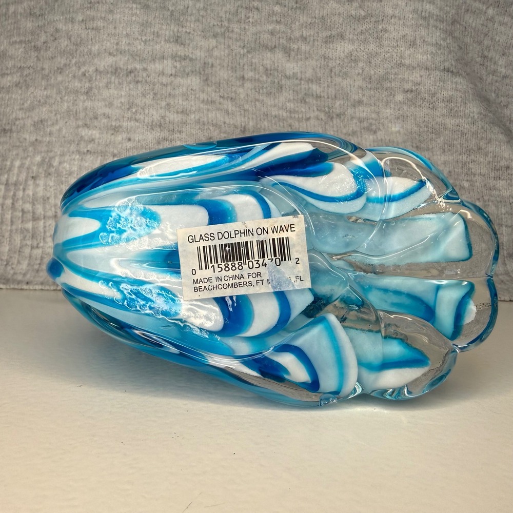 VTG Beachcombers Blue White Swirl Art Glass Dolphin on Wave Figurine Sculpture - Picture 7 of 7